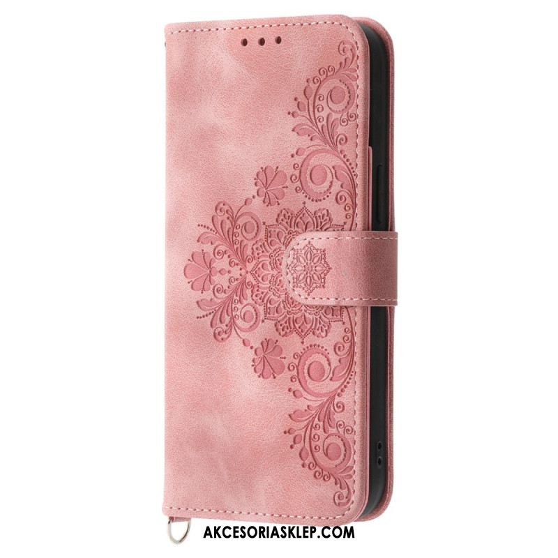 Etui Folio Do iPhone 16 Pro Max Sukienka W Kwiaty Z Paskiem I Paskiem Na Ramię