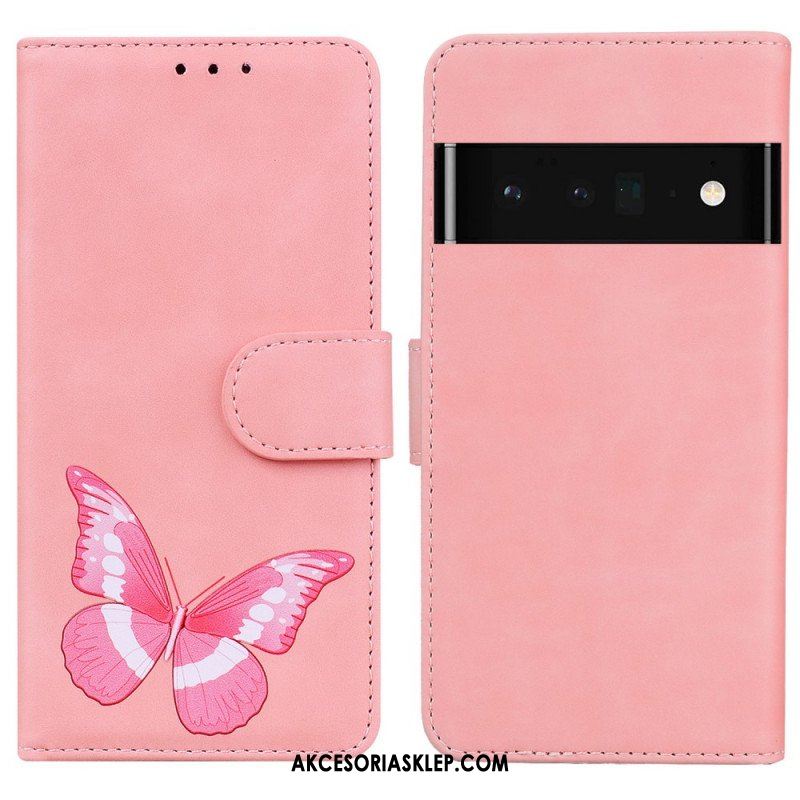 Etui Folio do Google Pixel 6 Pro Motyl Dotykający Skóry