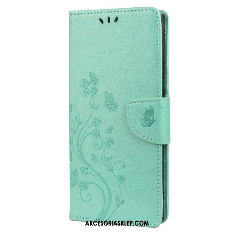 Etui Folio do Samsung Galaxy S22 Ultra 5G Motyle I Kwiaty Z Smyczem