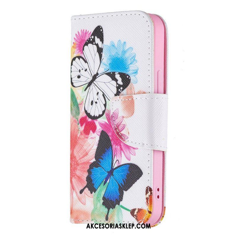 Etui Folio do iPhone 13 Mini Malowane Motyle I Kwiaty