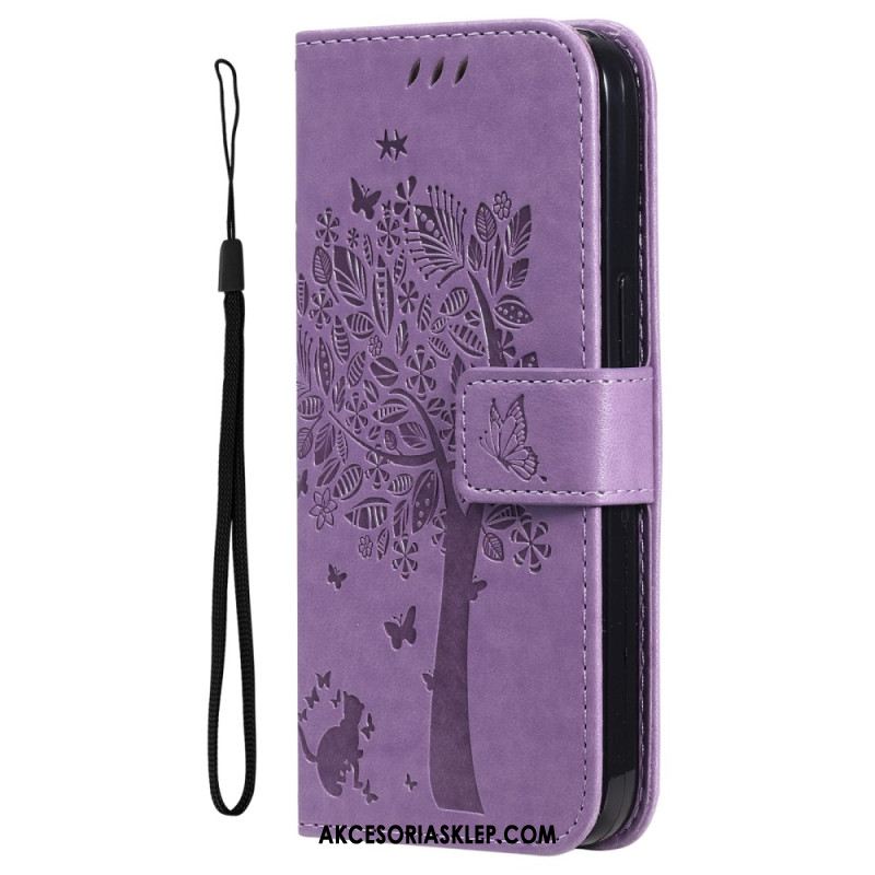 Etui Folio iPhone 16 Plus Drzewko Dla Kota I Smyczy Etui Ochronne