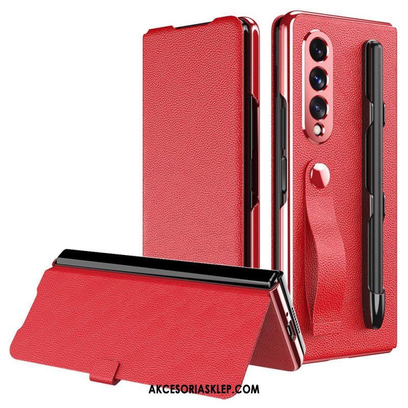 Etui Na Telefon do Samsung Galaxy Z Fold 3 5G Etui Folio Uchwyt I Pasek Ze Skóry Litchi W Stylu Litchi