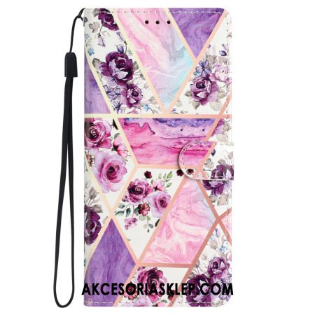 Etui Folio Do Samsung Galaxy S24 5g Marmurowe Fioletowe Kwiaty Z Paskiem