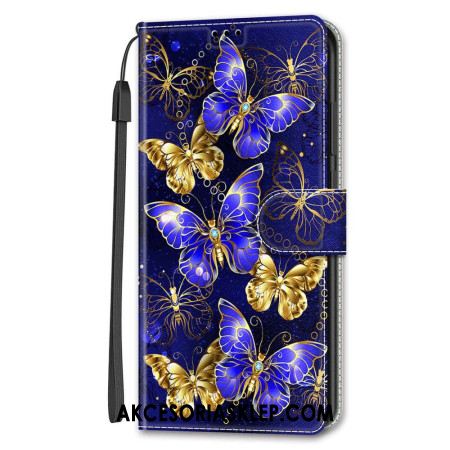 Etui Folio Do Samsung Galaxy S24 5g Złote I Niebieskie Motyle Z Paskiem