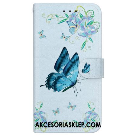 Etui Folio Do iPhone 16 Niebieski Motyl I Kwiaty Z Paskiem